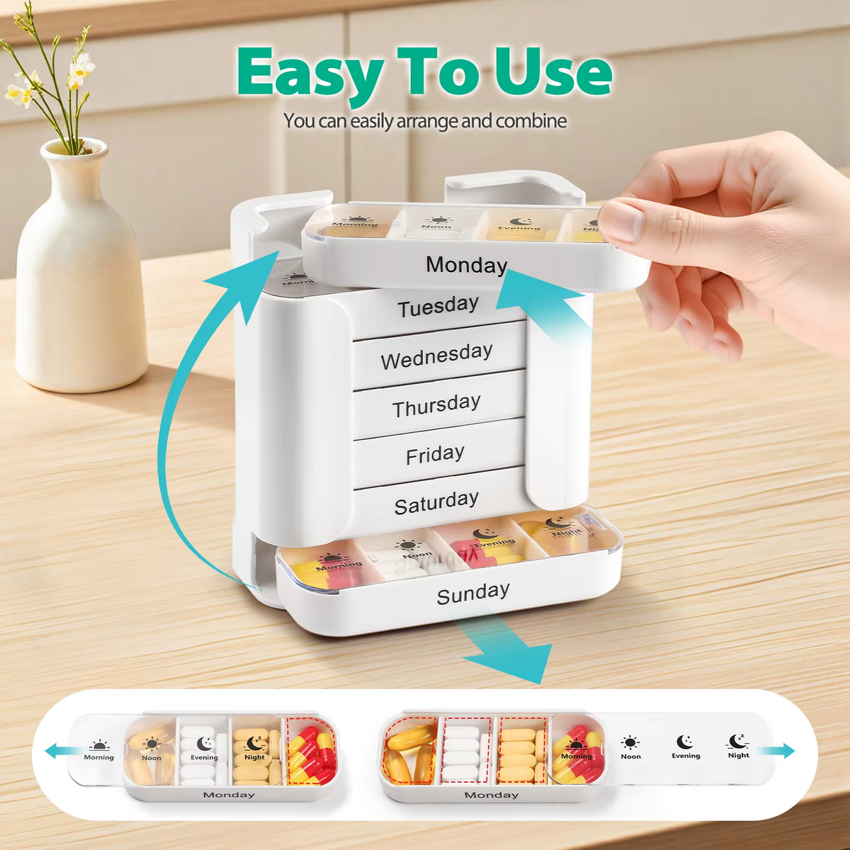 Pill Organizer 7-Day Color-Coded Day Labels