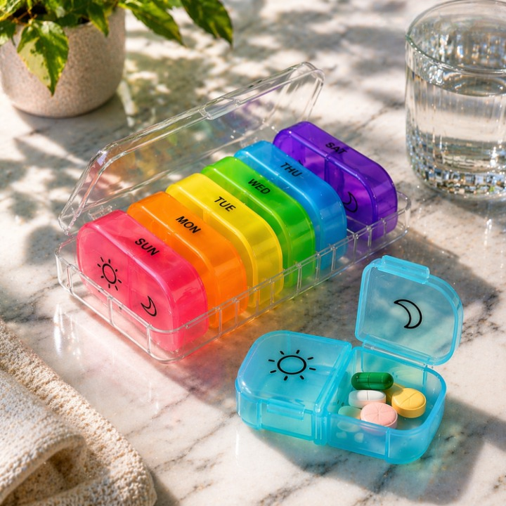 Pill Organizer Full-Open Lid AM/PM Compartments BPA-Free