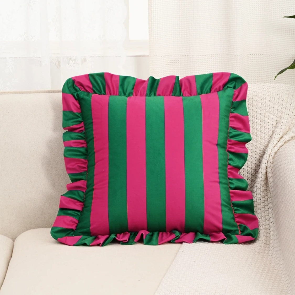 Pillow Cover Ruffled Edge Wide Stripes Microfiber