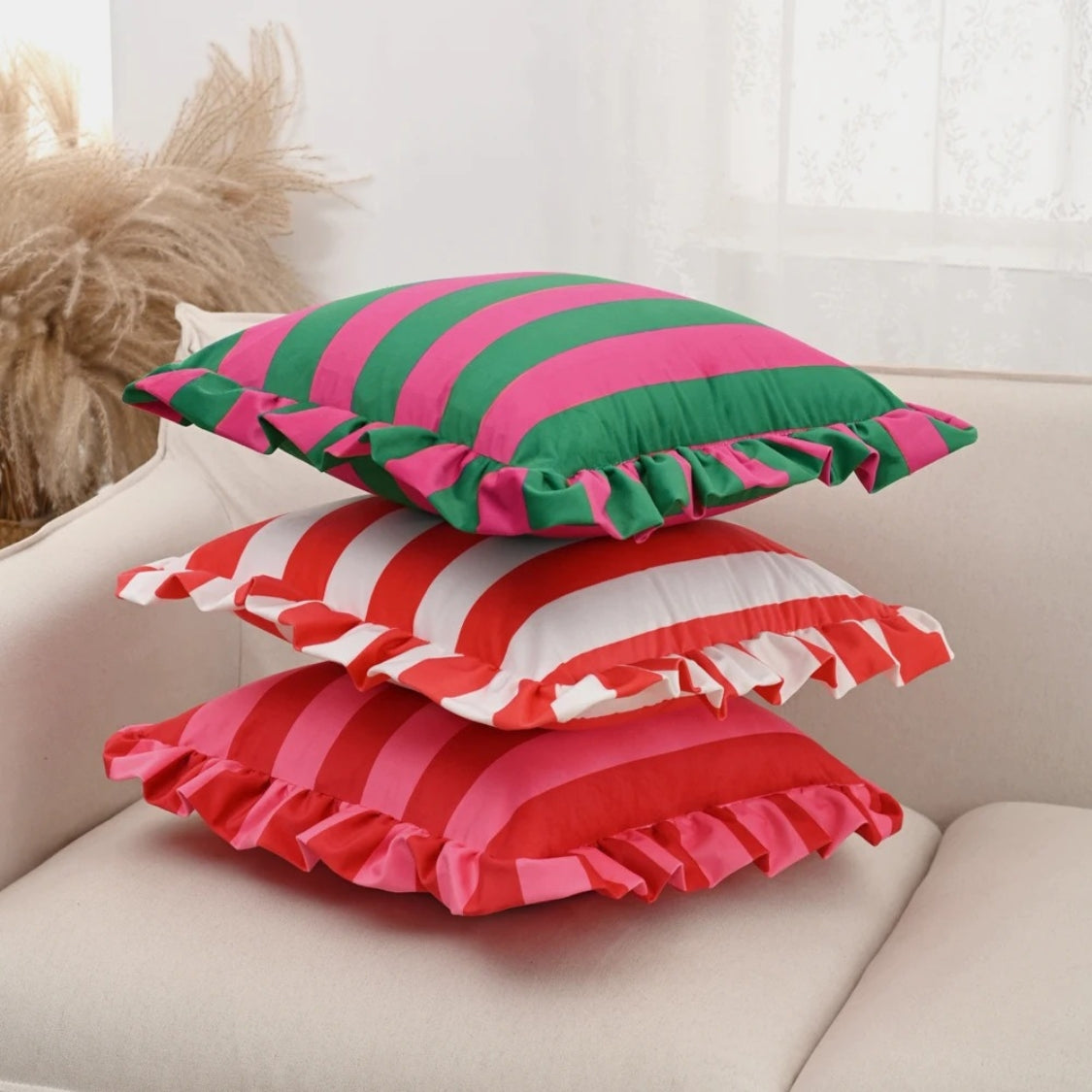 Pillow Cover Ruffled Edge Wide Stripes Microfiber