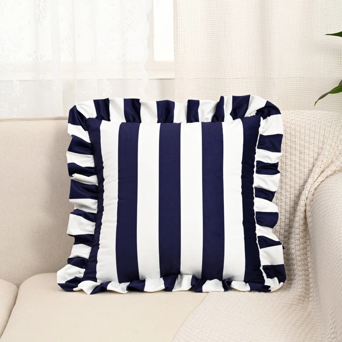 Pillow Cover Ruffled Edge Wide Stripes Microfiber