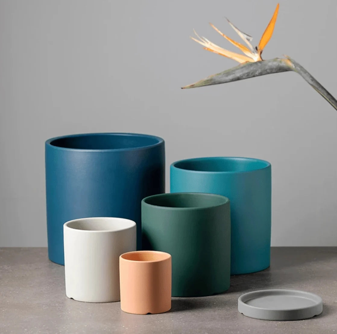 Plant Pot Matte Glazed Ceramic Matching Saucer & Drainage