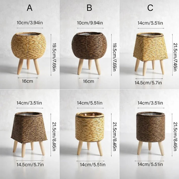 Plant Pot Wooden Feet Woven Design Removable Inner Insert