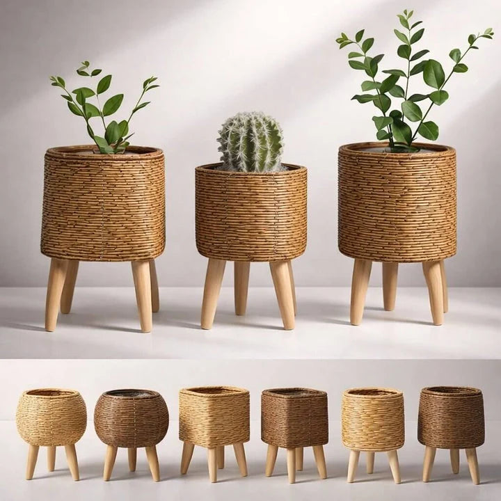 Plant Pot Wooden Feet Woven Design Removable Inner Insert