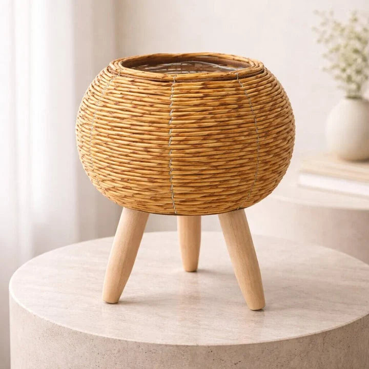 Plant Pot Wooden Feet Woven Design Removable Inner Insert