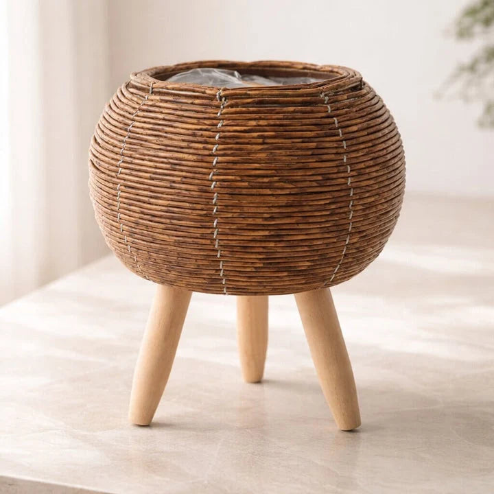 Plant Pot Wooden Feet Woven Design Removable Inner Insert