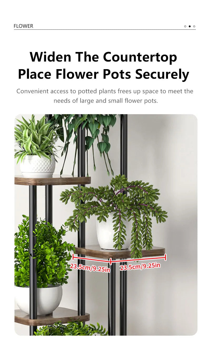 Plant Shelf 5-Tier Black Metal & Wooden Shelves