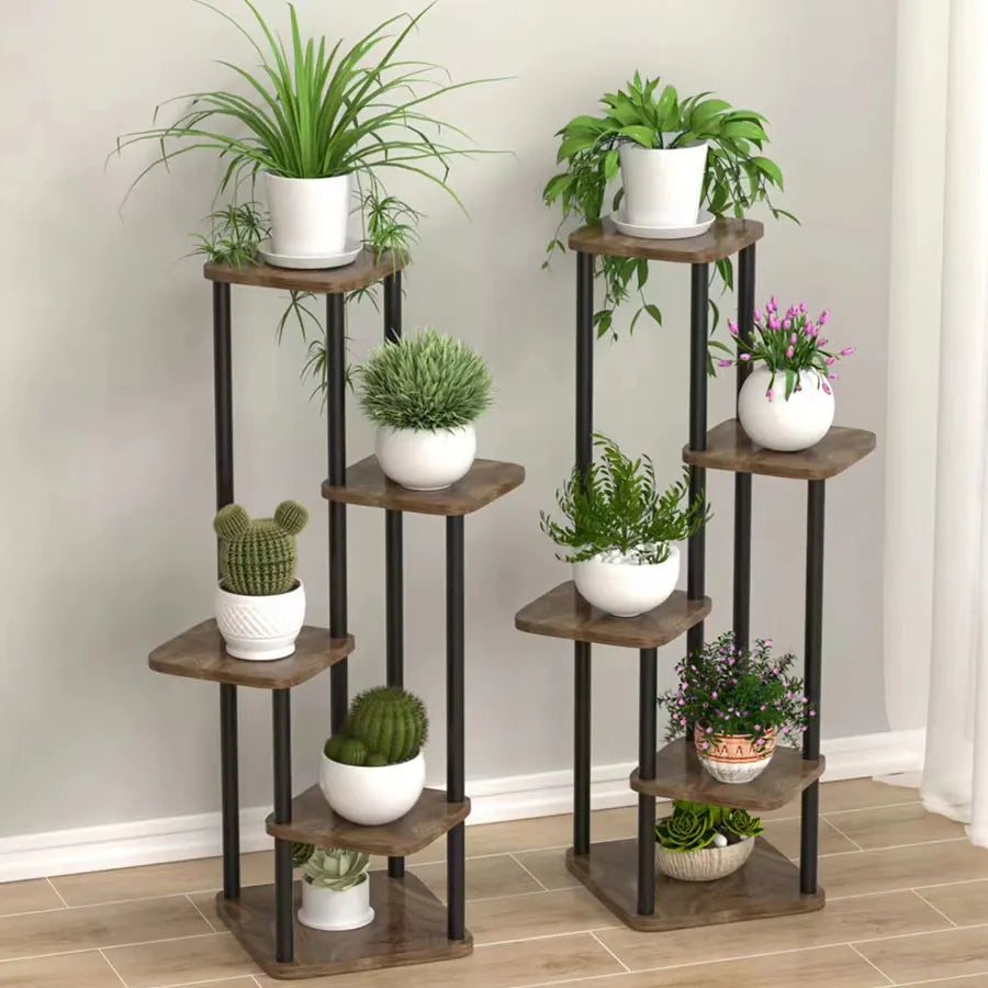 Plant Shelf 5-Tier Staggered Wooden Shelves & Metal Frame