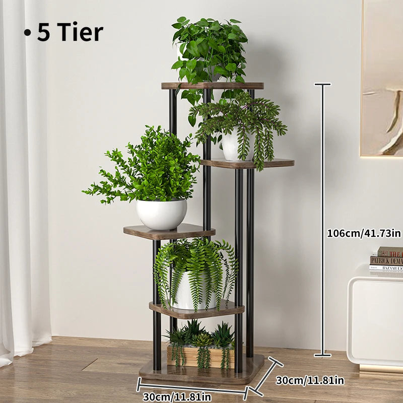 Plant Shelf 5-Tier Staggered Wooden Shelves & Metal Frame
