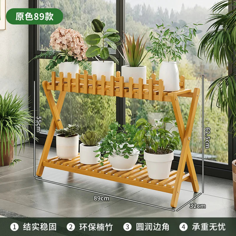 Plant Shelf Two-Tier Bamboo X-Frame Decorative Fence