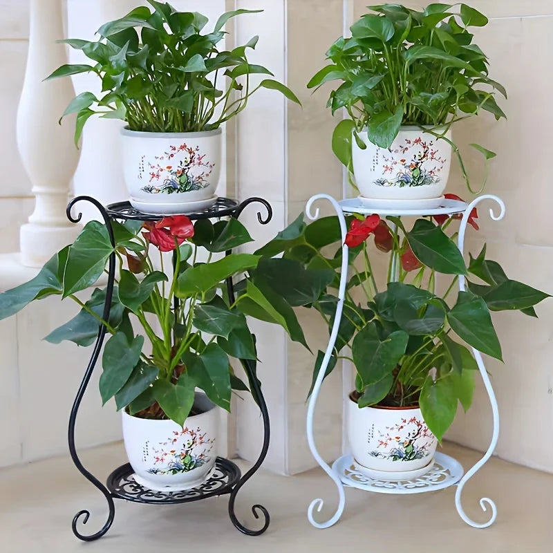 Plant Stand Two-Tier Curved Iron Tool-Free Assembly