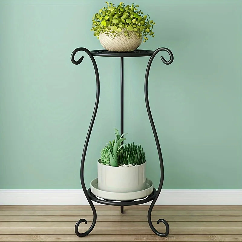 Plant Stand Two-Tier Curved Iron Tool-Free Assembly