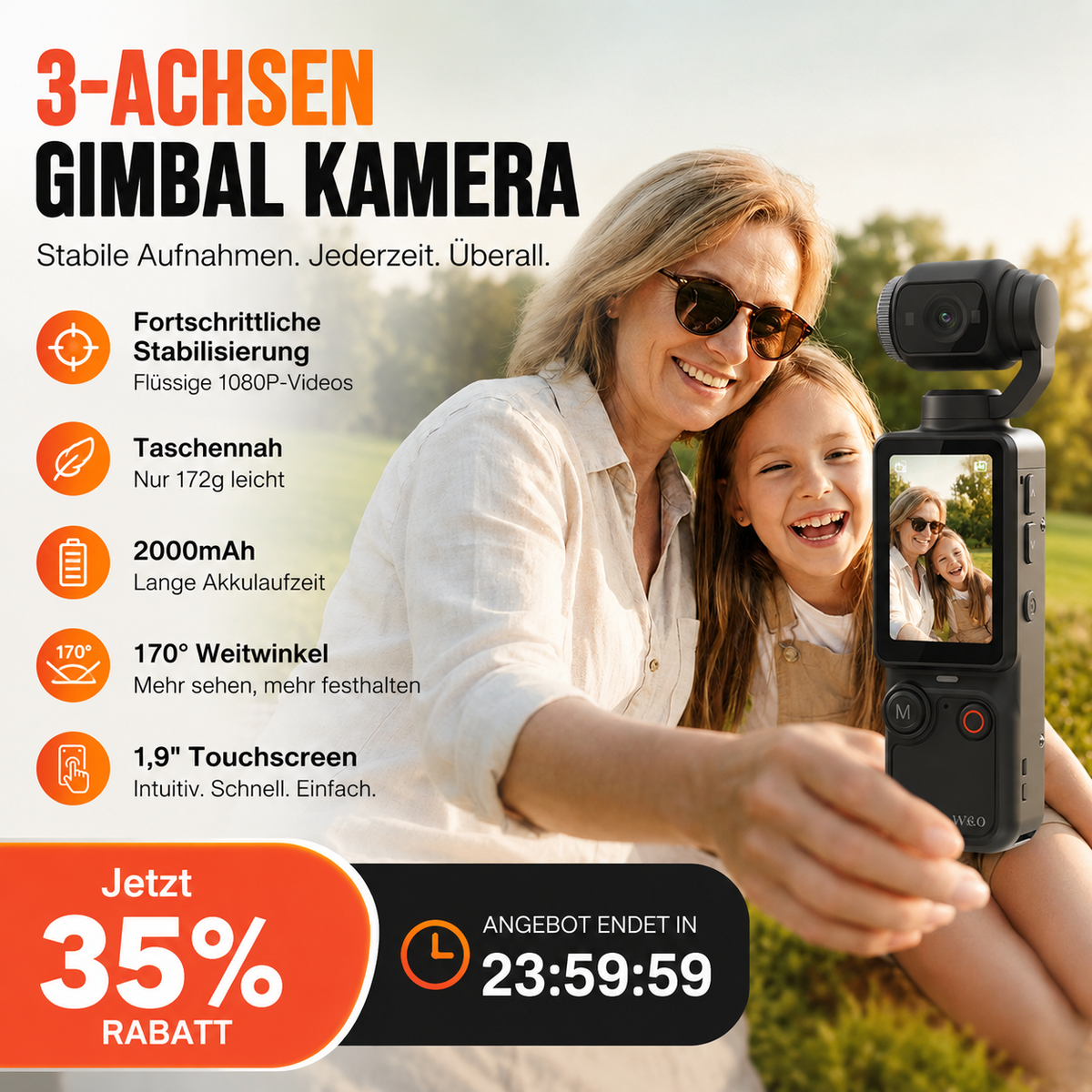Pocket Camera Stabilized 1080P Foldable Touchscreen