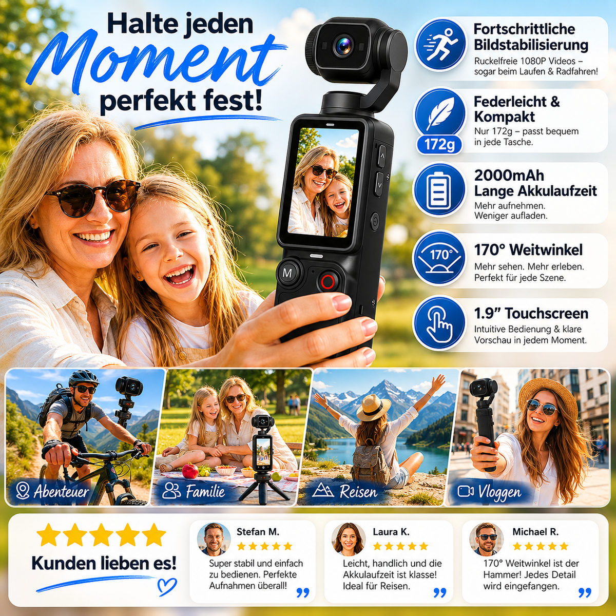 Pocket Camera Stabilized 1080P Foldable Touchscreen