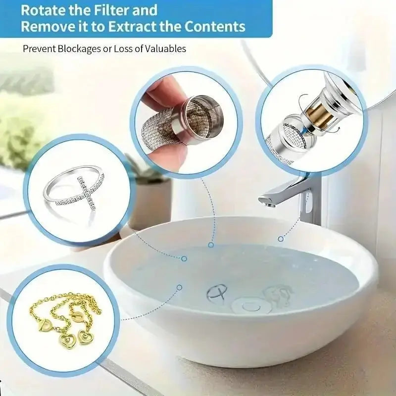 Pop-Up Drain Stopper Solid Brass Tap-To-Operate Hair Catcher