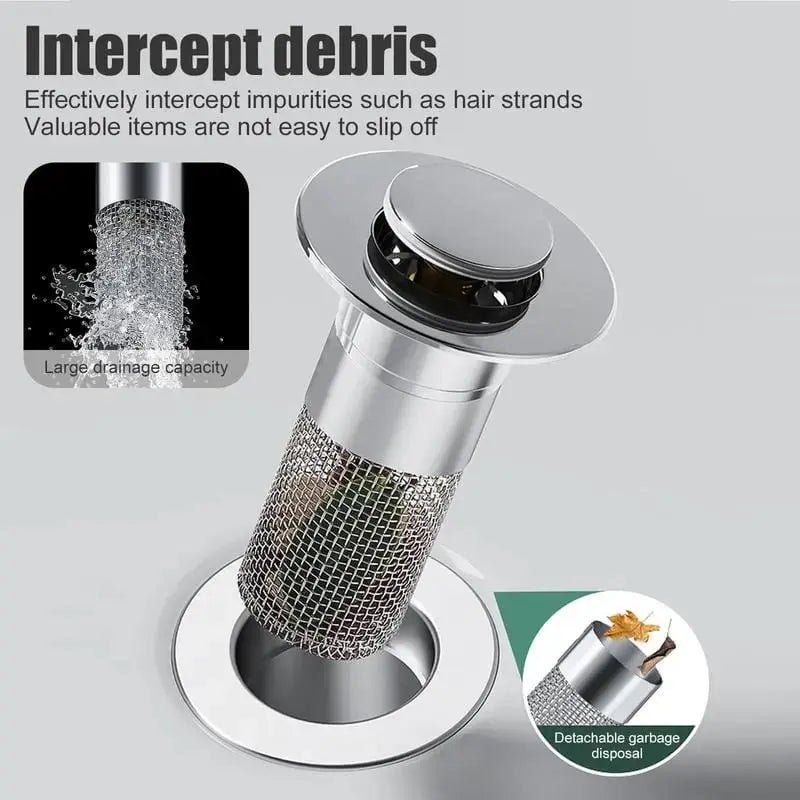 Pop-Up Drain Stopper Solid Brass Tap-To-Operate Hair Catcher