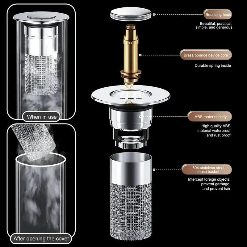 Pop-Up Drain Stopper Solid Brass Tap-To-Operate Hair Catcher