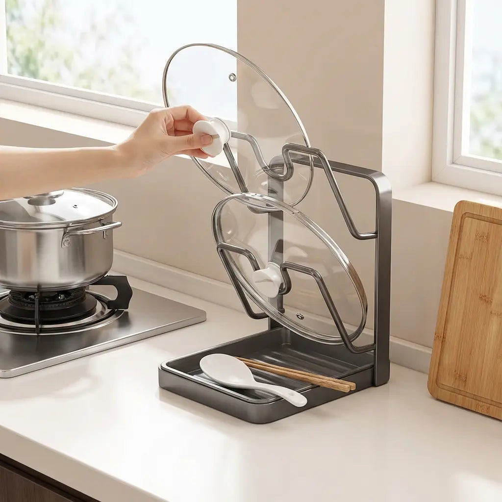 Pot Lid Holder Two-Tier U-Shaped Slots Removable Drip Tray