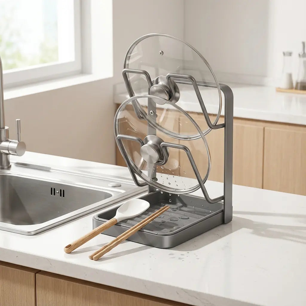 Pot Lid Holder Two-Tier U-Shaped Slots Removable Drip Tray