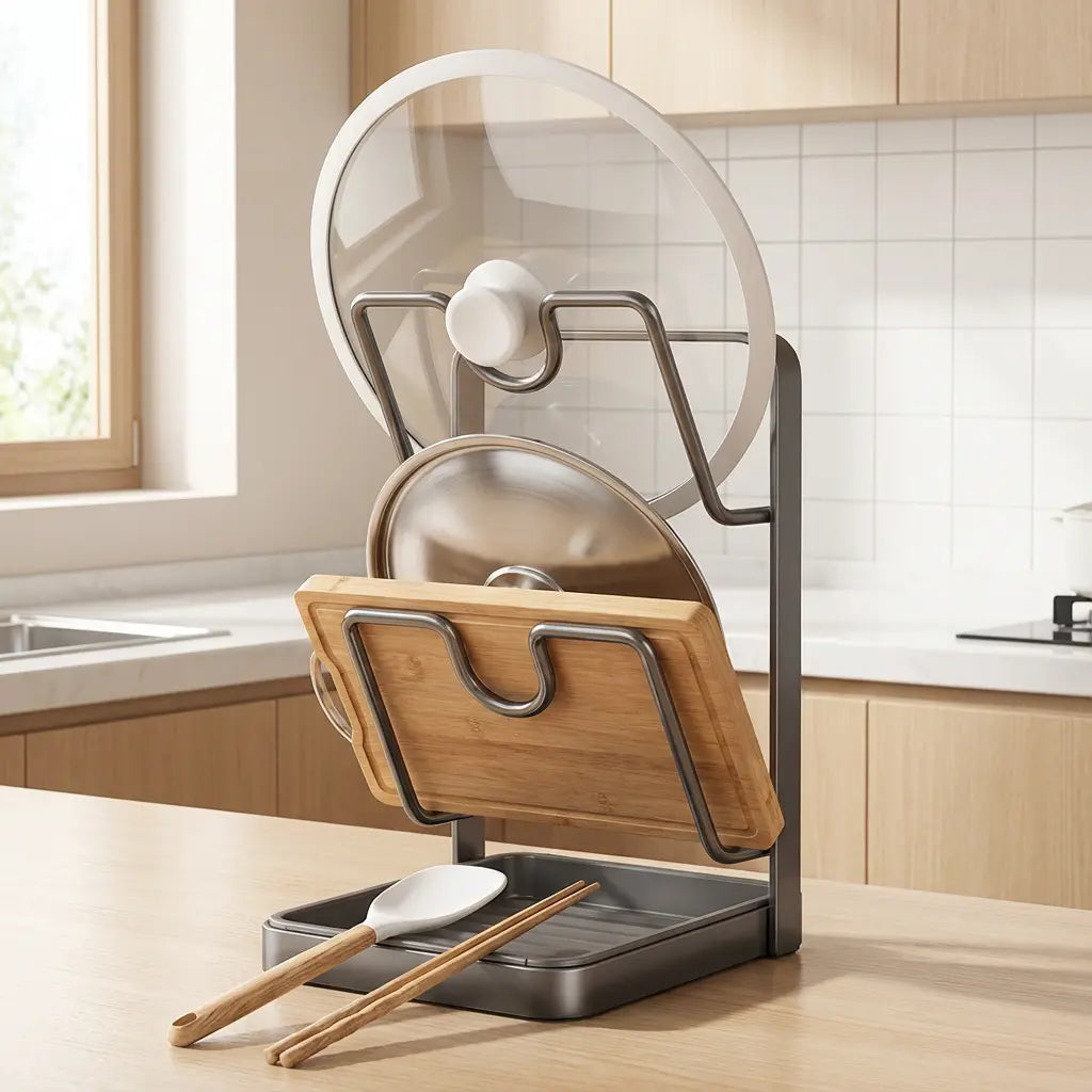 Pot Lid Holder Two-Tier U-Shaped Slots Removable Drip Tray