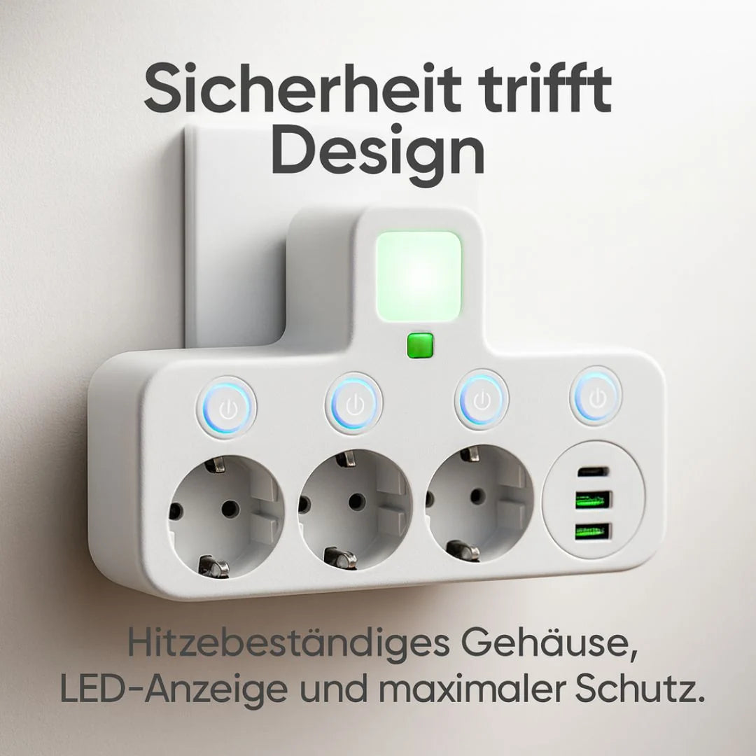 Power Strip 3 Schuko Sockets USB-A & USB-C Surge Protection