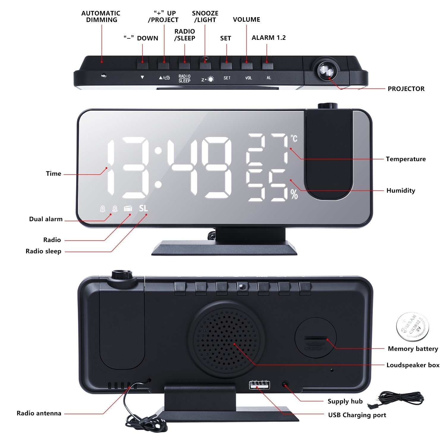 Projection Alarm Clock LED Mirror 180 Degree Projector