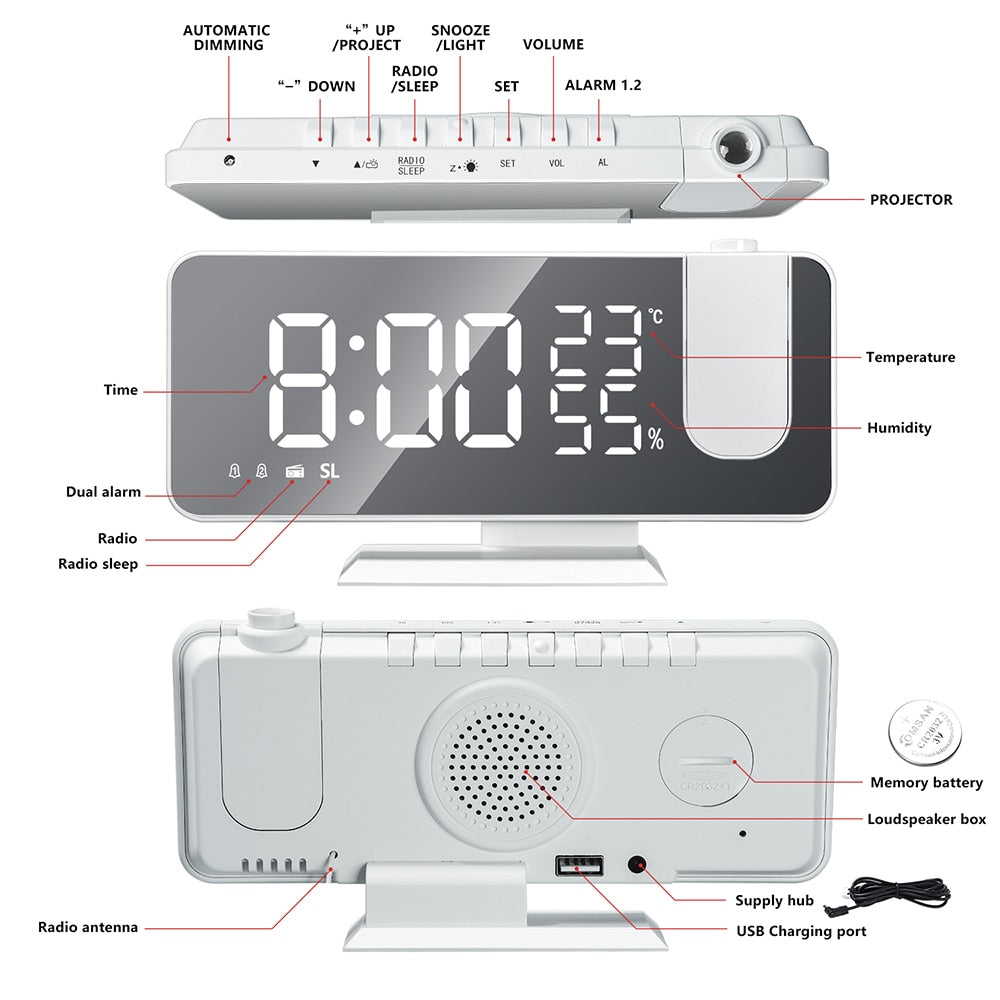 Projection Alarm Clock LED Mirror 180 Degree Projector