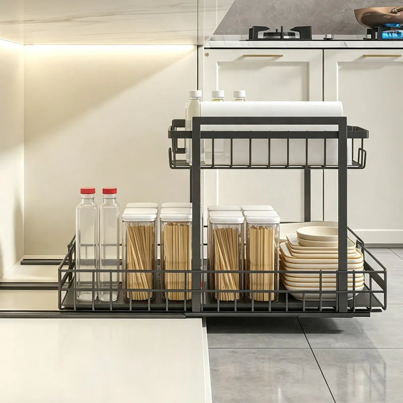 Pull-Out Cabinet Organizer L-Shaped Two-Tier Smooth Glide