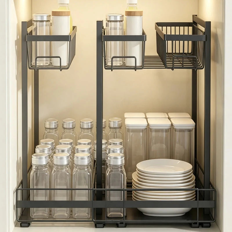 Pull-Out Cabinet Organizer L-Shaped Two-Tier Smooth Glide