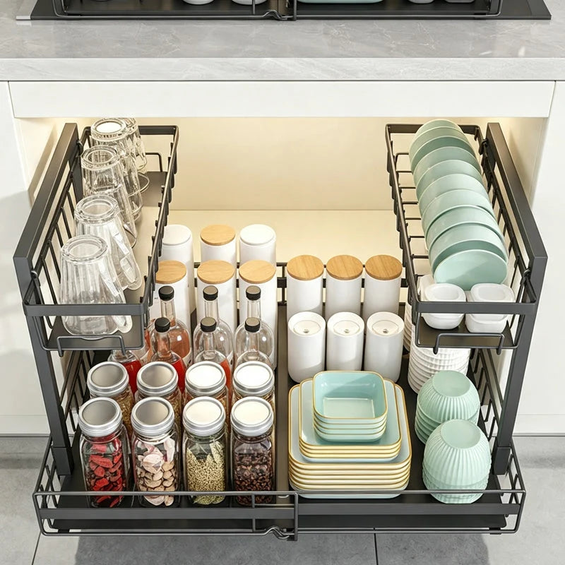 Pull-Out Cabinet Organizer L-Shaped Two-Tier Smooth Glide