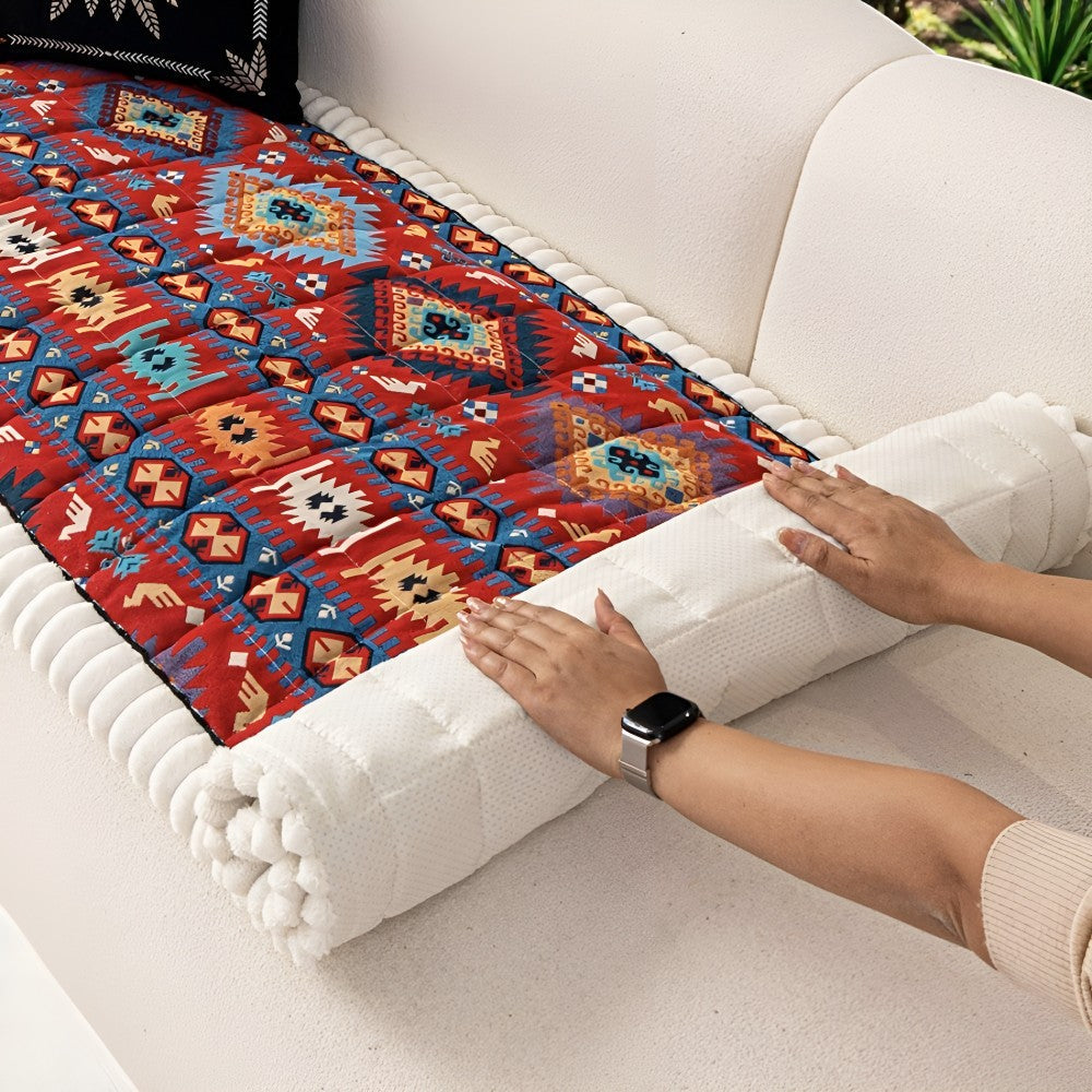 Quilted Sofa Cover Ethnic Pattern Microfiber Blend & Non-Slip