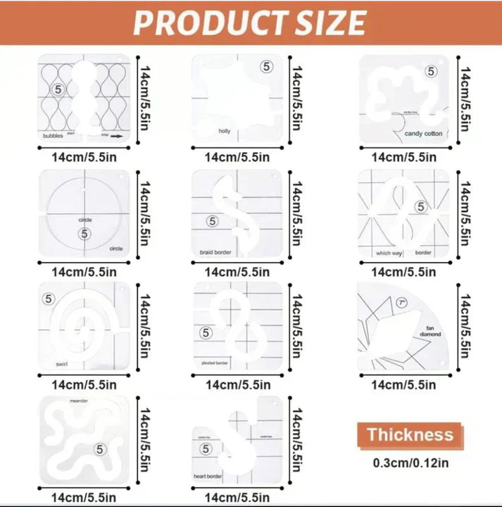 Quilting Template Set 12-Piece Transparent Acrylic Integrated Markings