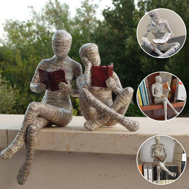 Reading Figurine Handcrafted Resin Newspaper Print Five Pose Options