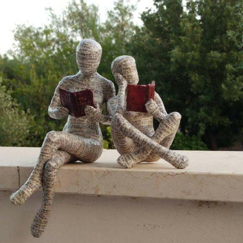 Reading Figurine Handcrafted Resin Newspaper Print Five Pose Options