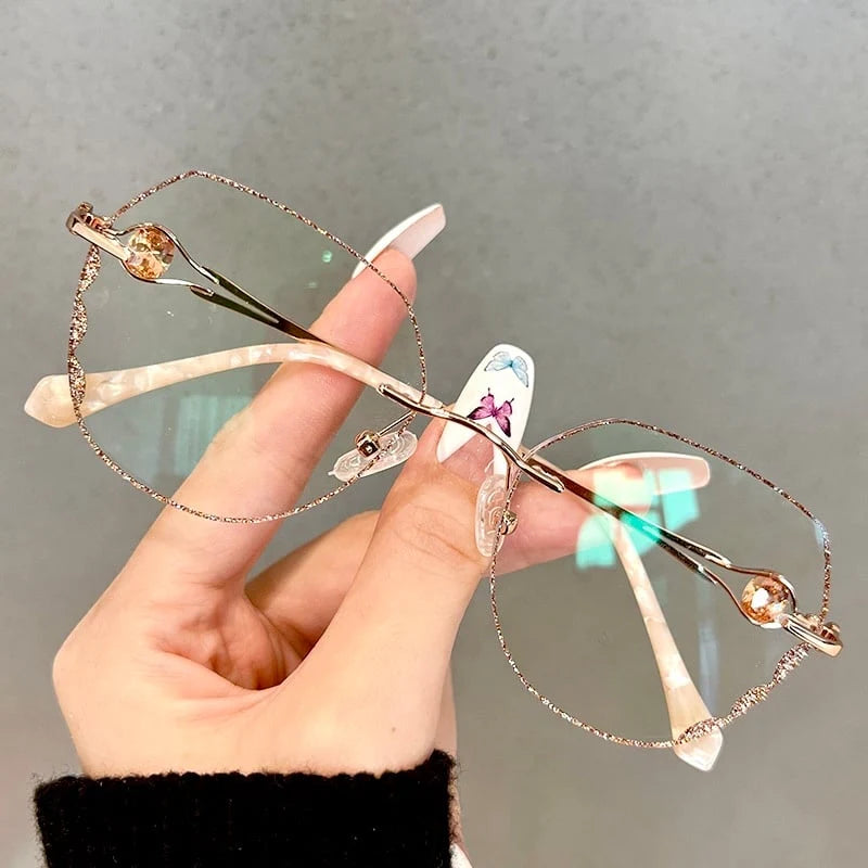 Reading Glasses Rimless Titanium Blue Light Rhinestone Accents