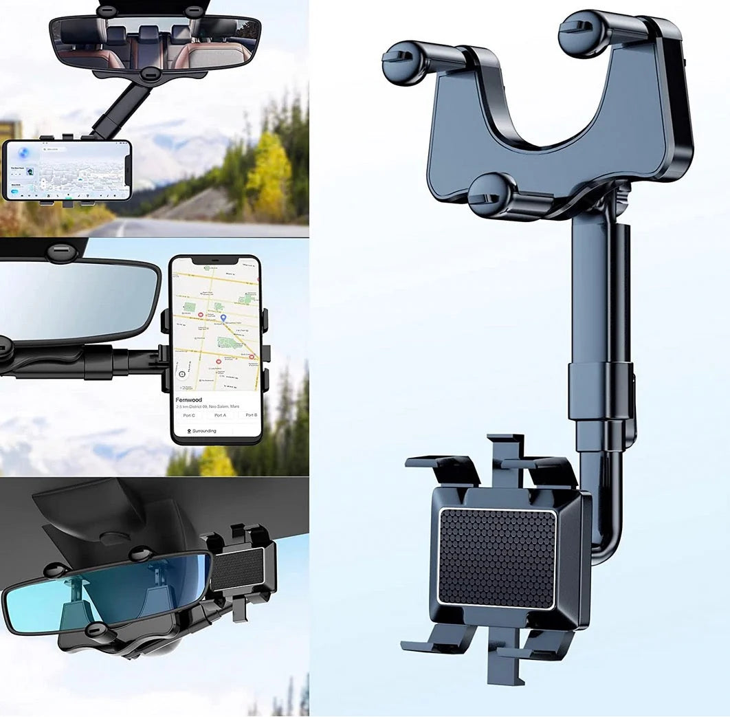 Rearview Mirror Phone Holder 360° Rotatable & Extendable Arm
