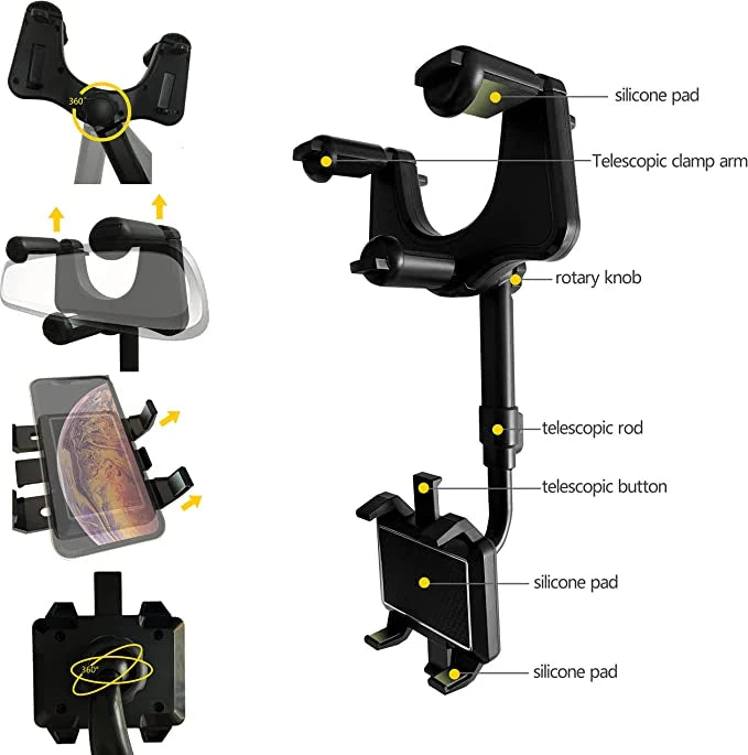 Rearview Mirror Phone Holder 360° Rotatable & Extendable Arm