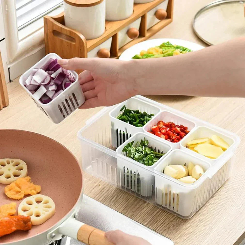Refrigerator Organizer 6-Compartment Drainage Insert Tight-Sealing Lid