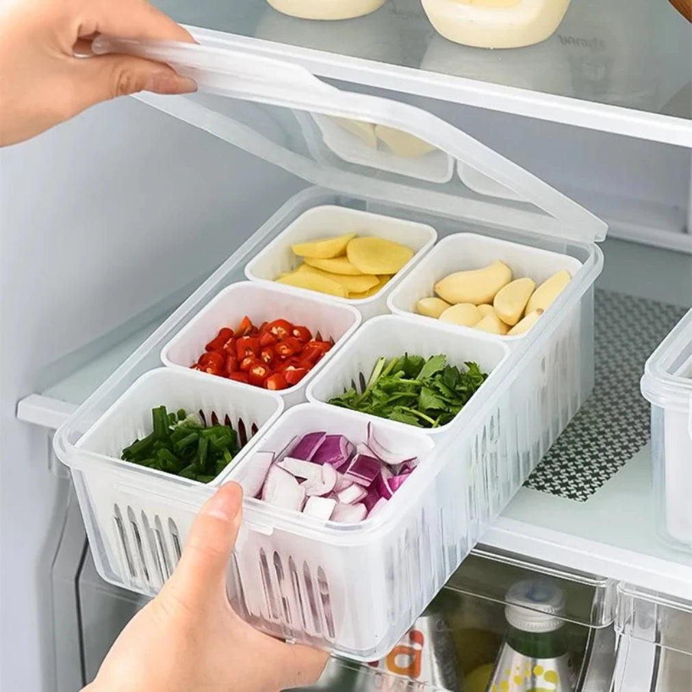 Refrigerator Organizer 6-Compartment Drainage Tray Stackable Lid