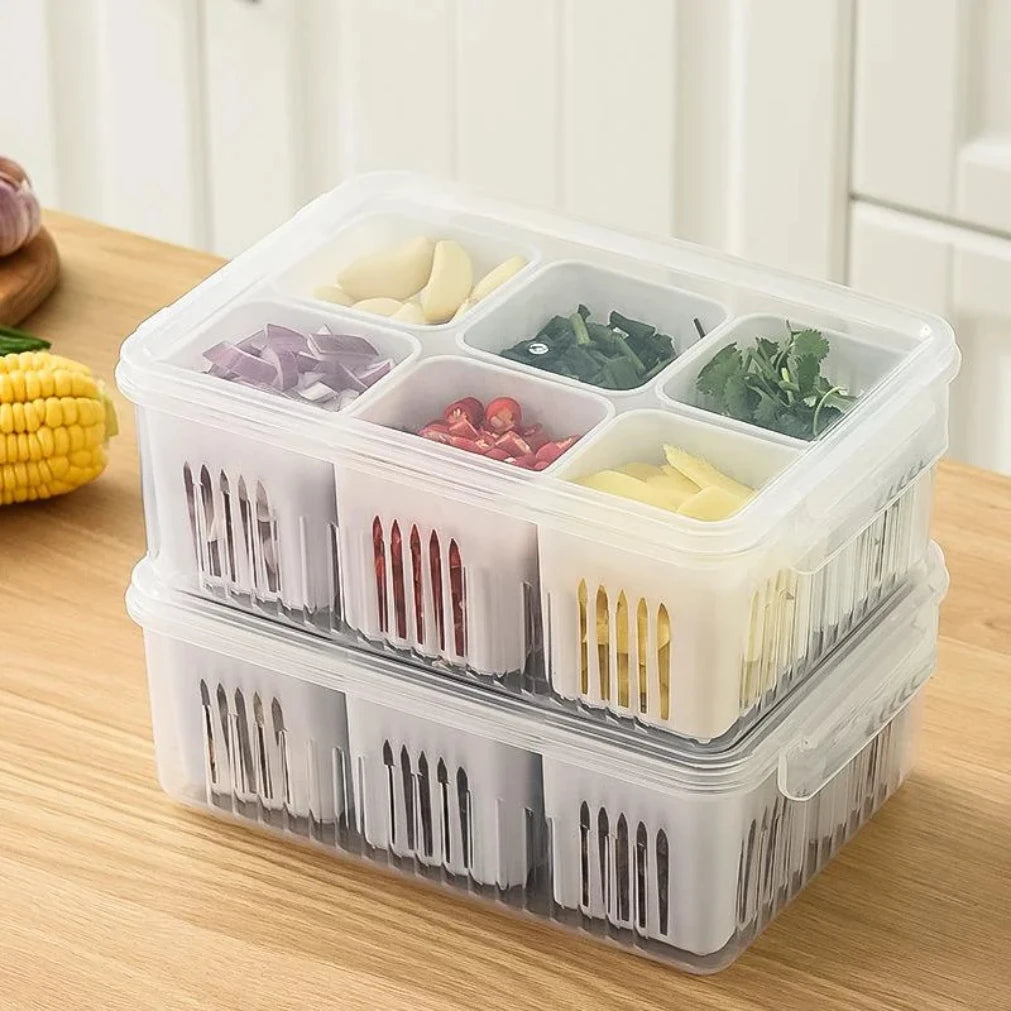 Refrigerator Organizer 6-Compartment Drainage Tray Stackable Lid