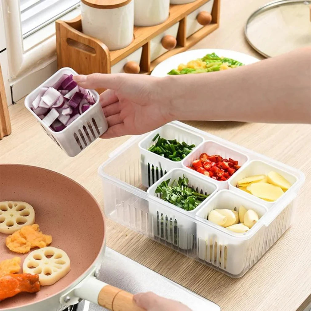 Refrigerator Organizer 6-Compartment Drainage Tray Stackable Lid