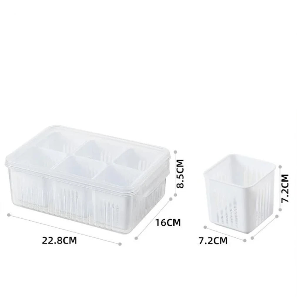 Refrigerator Organizer 6-Compartment Drainage Tray Stackable Lid