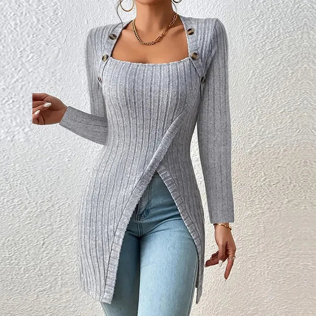 Ribbed Knit Dress Square Neckline & Stretch Fit