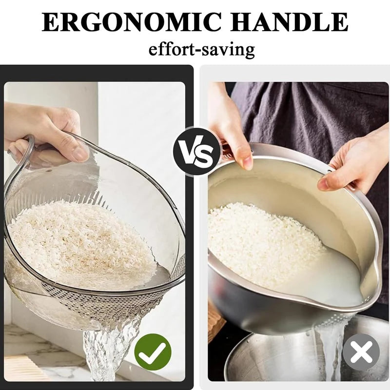 Rice Washing Bowl Fine Sieve & Pouring Spout Ergonomic Handle
