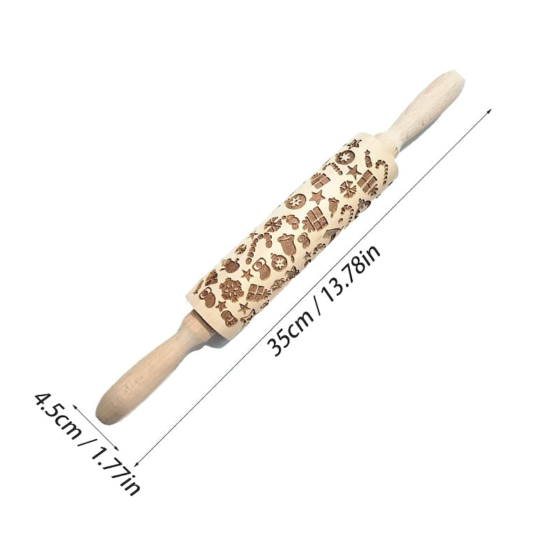 Rolling Pin Engraved Holiday Patterns Natural Hardwood Ergonomic Handles