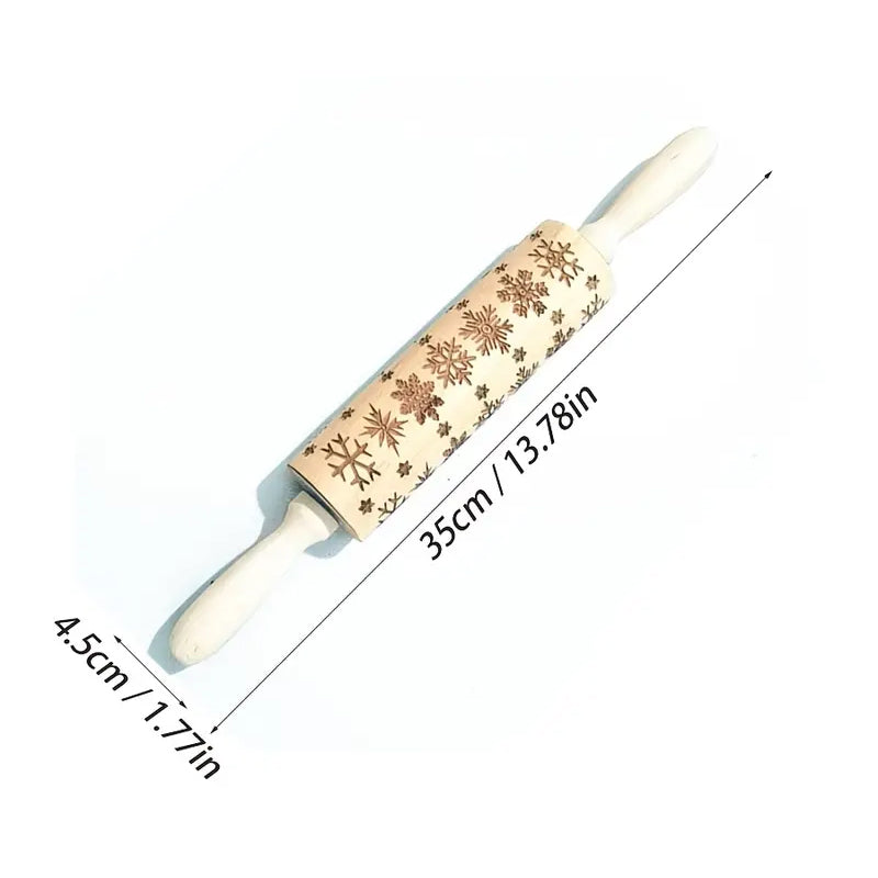 Rolling Pin Engraved Holiday Patterns Natural Hardwood Ergonomic Handles