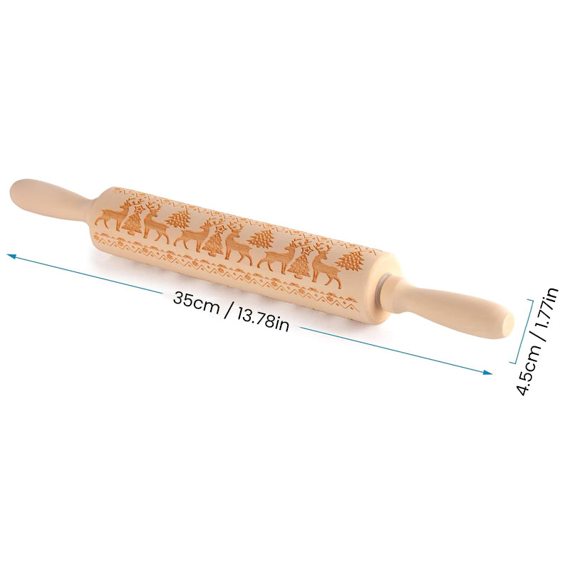Rolling Pin Engraved Holiday Patterns Natural Hardwood Ergonomic Handles