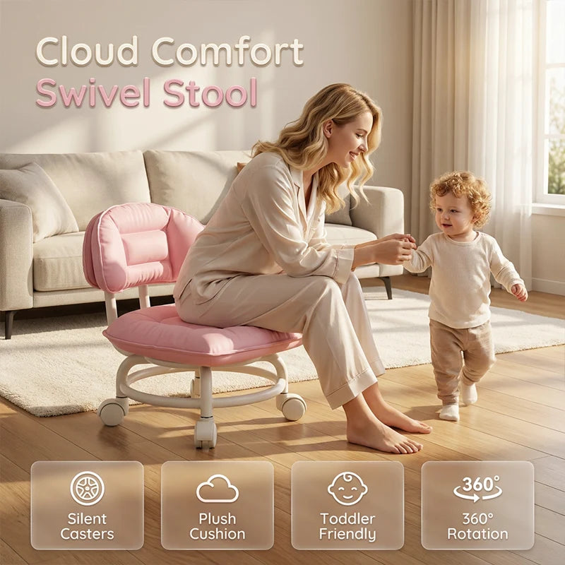 Rolling Stool Low Height Padded Backrest Quiet 360° Casters