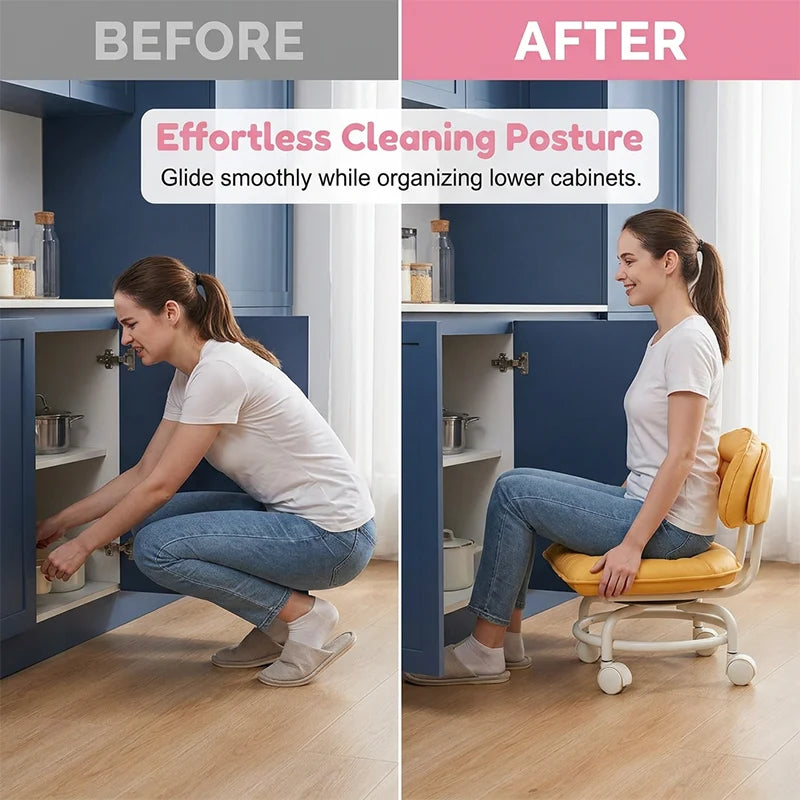 Rolling Stool Low Height Padded Backrest Quiet 360° Casters