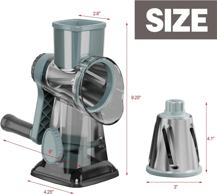 Rotary Grater 3 Interchangeable Stainless Steel Drums Suction Base